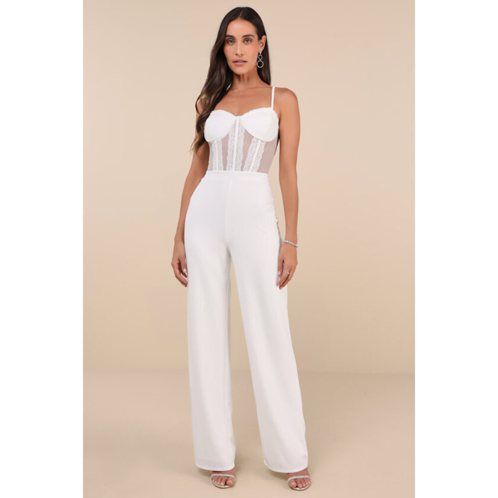Lulus Perfectly Sultry White Sheer Mesh Bustier Wide-leg Jumpsuit - Size M